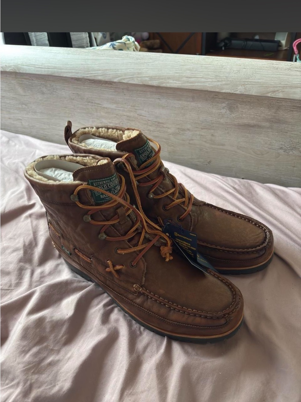 Ralph Lauren Brown Leather Boots with Shearling Collar